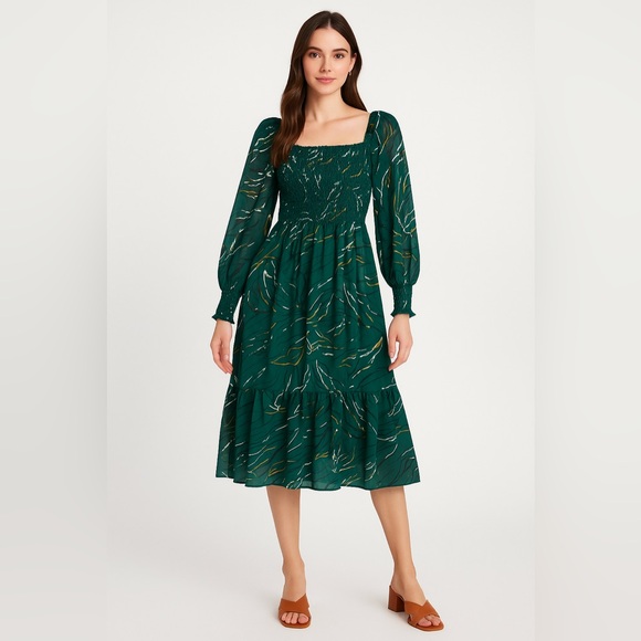 NEW! NINE WEST Ruffle Midi Dress Medium Emerald Green Black Long Sleeves Boho - Picture 1 of 6